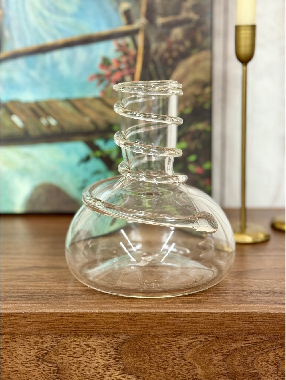 Clear Blown Glass Vase with Applied Spiral Detail – 7” Tall